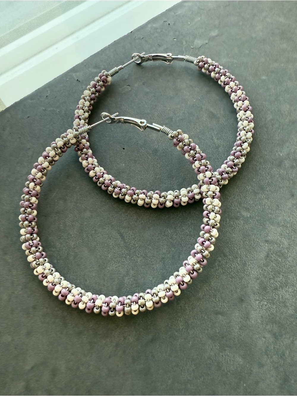 Handcrafted Lavender & Cream Beaded Hoop Earrings - Women Jewelry